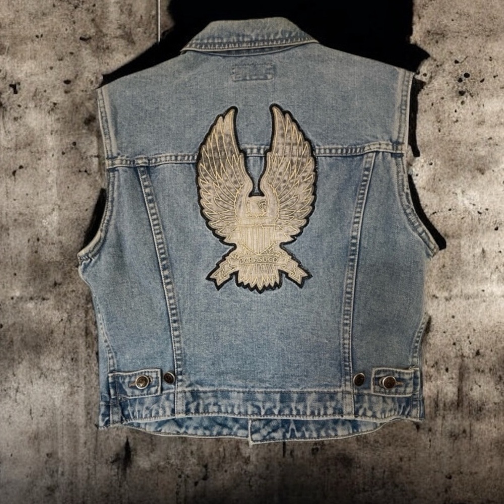 Vtg. Parasuco Denim Vest ~ Eagle Embroidery Light Wash Denim   size Large